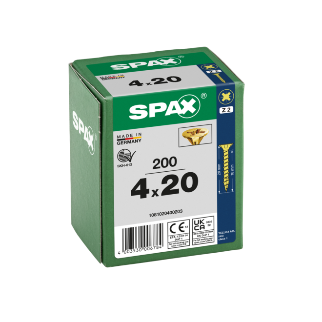 SPAX Universalschrauben Senkkopf, Kreuzschlitz, VG 4x20 YELLOX® - Kleinpaket - 200 Stück