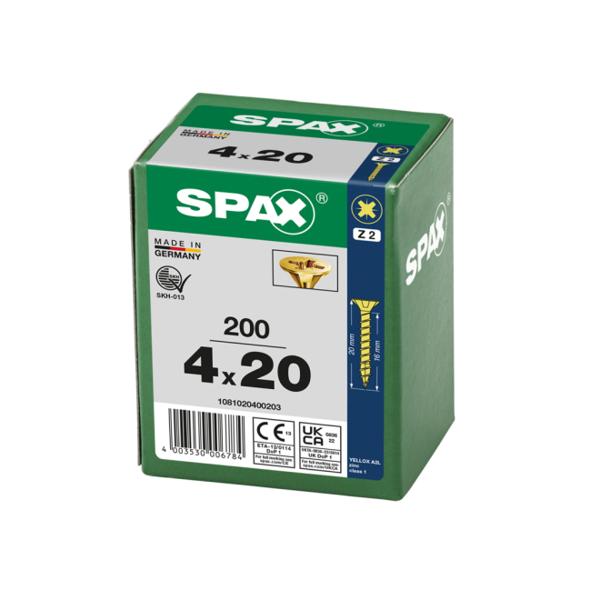 SPAX Universalschrauben Senkkopf, Kreuzschlitz, VG 4x20 YELLOX® - Kleinpaket - 200 Stück