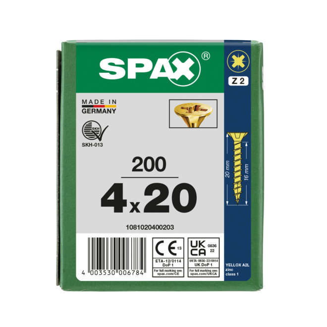 SPAX Universalschrauben Senkkopf, Kreuzschlitz, VG 4x20 YELLOX® - Kleinpaket - 200 Stück