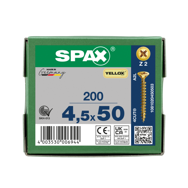 SPAX Universalschrauben Senkkopf, Kreuzschlitz, VG 4,5x50 YELLOX® - Kleinpaket - 200 Stück
