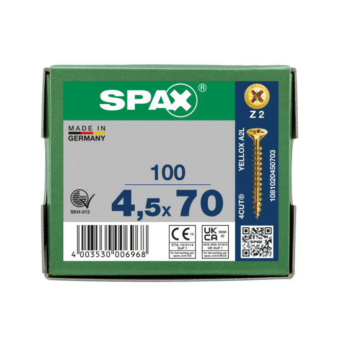 SPAX Universalschrauben Senkkopf, Kreuzschlitz, VG (Abweichende Ausführung. Gewinde geht nicht bis zum Kopf.) 4,5x70 YELLOX® - Kleinpaket - 100 Stück
