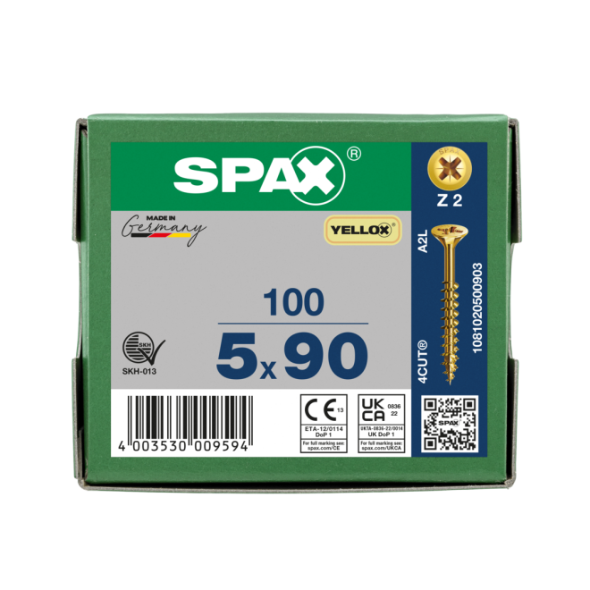 SPAX Universalschrauben Senkkopf, Kreuzschlitz, TG 5x90 YELLOX® - Kleinpaket - 100 Stück