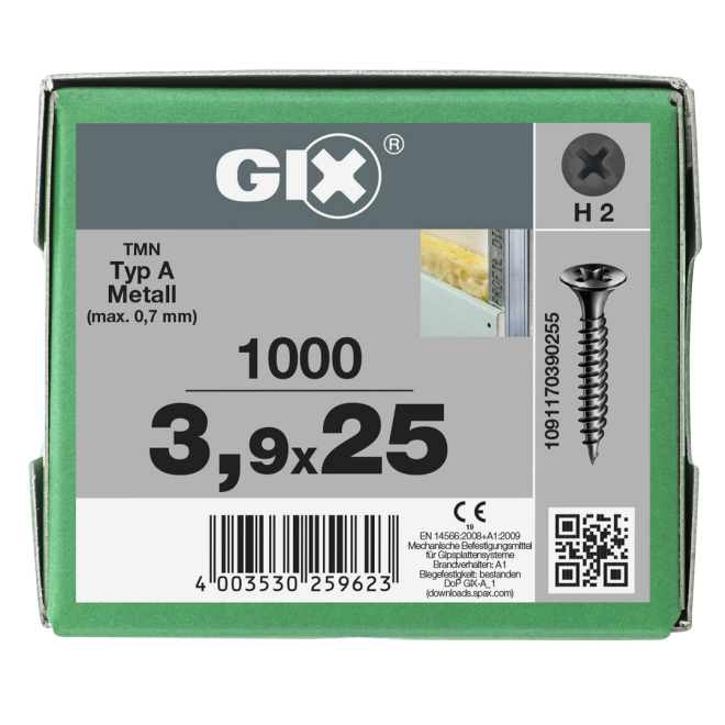 SPAX Schnellbauschraube GIX Typ-A mit Trompetenkopf und Kreuzschlitz H; Feingewinde; 3,9 x 25mm; - 1.000 Stück