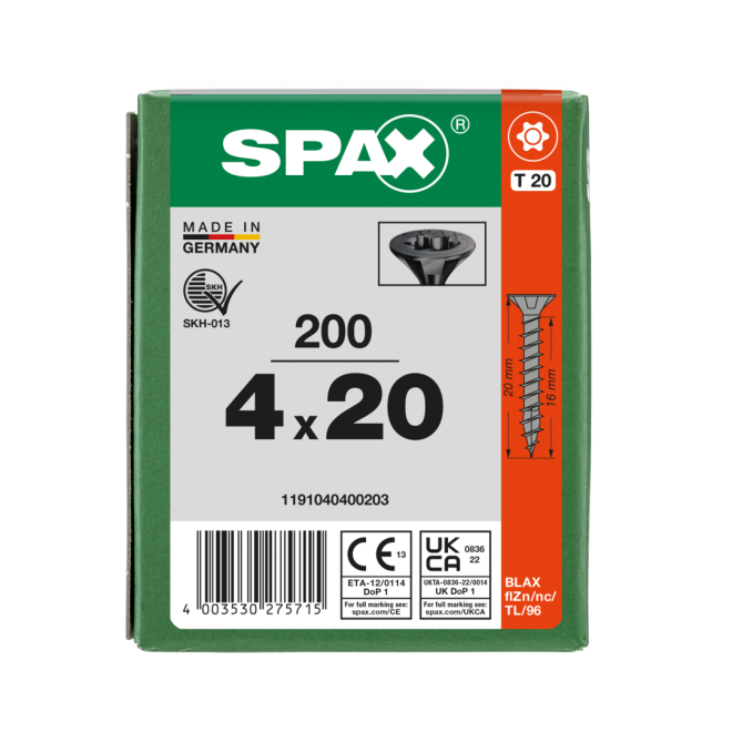 SPAX-T-STAR plus Torx TX 20 VG 4,0x20 schwarz verzinkt - 1000 Stück