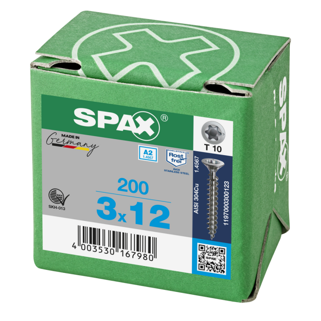 SPAX- T-STAR plus Senkkopf VG Torx 10 mit 4CUT und MULTI-Kopf A2- 3,0x12 (Abweichende Ausführung.) -200 Stück