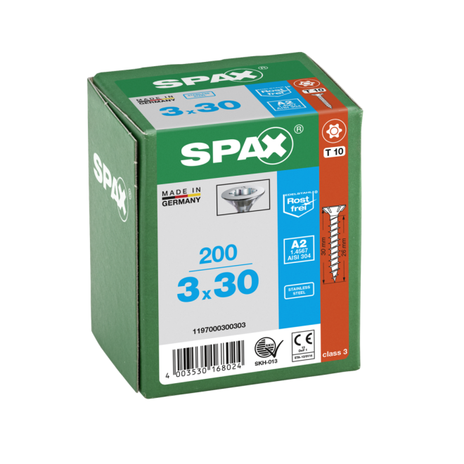 SPAX- T-STAR plus Senkkopf VG Torx 10 mit 4CUT und MULTI-Kopf A2- 3,0x30 (Abweichende Ausführung.) -1.000 Stück