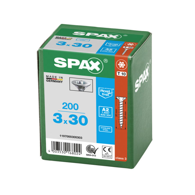 SPAX- T-STAR plus Senkkopf VG Torx 10 mit 4CUT und MULTI-Kopf A2- 3,0x30 (Abweichende Ausführung.) -1.000 Stück