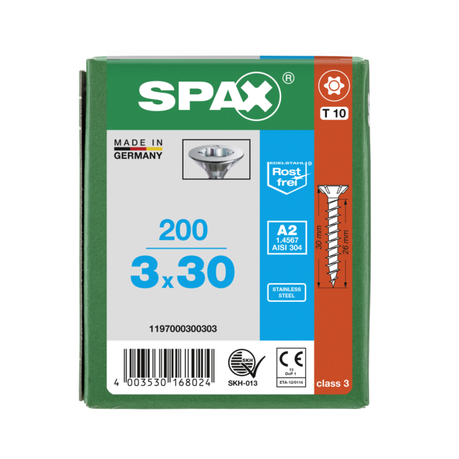 SPAX- T-STAR plus Senkkopf VG Torx 10 mit 4CUT und MULTI-Kopf A2- 3,0x30 (Abweichende Ausführung.) -1.000 Stück
