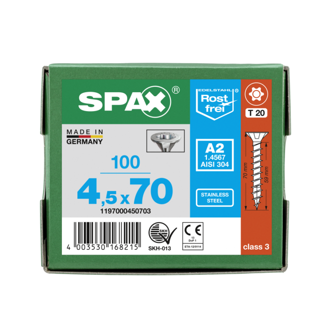 SPAX- T-STAR plus Senkkopf VG Torx 20 mit 4CUT und MULTI-Kopf A2- 4,5x70 (Abweichende Ausführung. Gewinde geht nicht bis zum Kopf.) -100 Stück