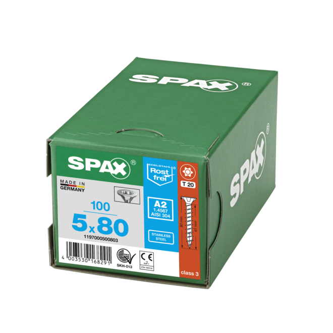 SPAX- T-STAR plus Senkkopf VG Torx 20 mit 4CUT und MULTI-Kopf A2- 5,0x80 (Abweichende Ausführung. Gewinde geht nicht bis zum Kopf.) -100 Stück