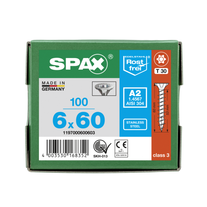 SPAX- T-STAR plus Senkkopf VG Torx 30 mit 4CUT und MULTI-Kopf A2- 6,0x60-100 Stück