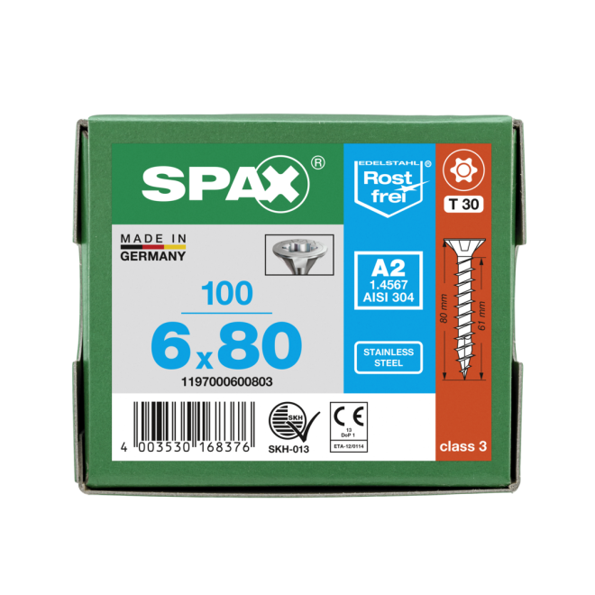 SPAX- T-STAR plus Senkkopf VG Torx 30 mit 4CUT und MULTI-Kopf A2- 6,0x80 (Abweichende Ausführung. Gewinde geht nicht bis zum Kopf.) -500 Stück