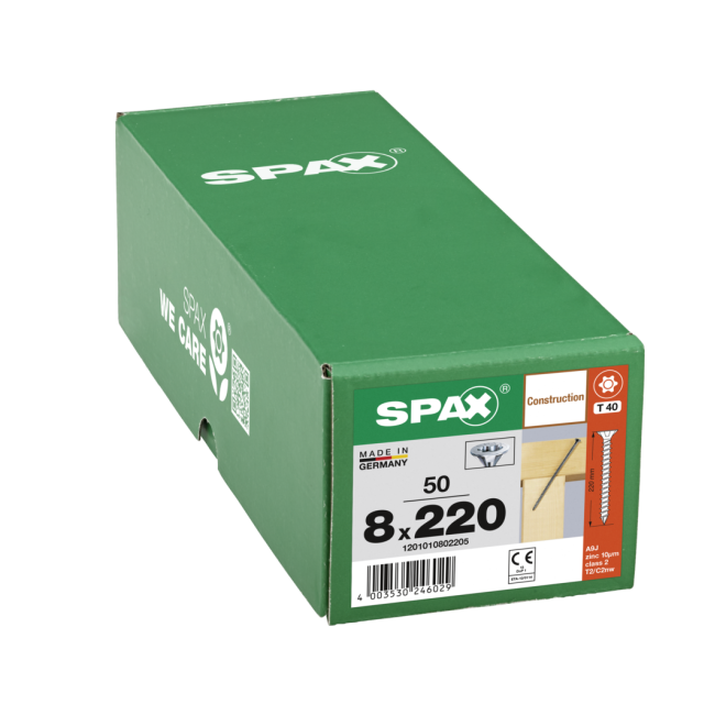  Spax - Senkkopf Torx 40 VG (Gewinde bis annähernd Kopf) mit MULTI-Kopf 8,0 x 220 WIROX® - 50 Stück 