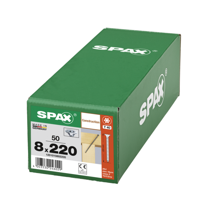  Spax - Senkkopf Torx 40 VG (Gewinde bis annähernd Kopf) mit MULTI-Kopf 8,0 x 220 WIROX® - 50 Stück 