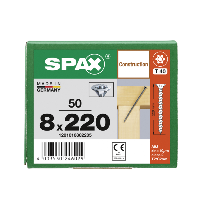  Spax - Senkkopf Torx 40 VG (Gewinde bis annähernd Kopf) mit MULTI-Kopf 8,0 x 220 WIROX® - 50 Stück 