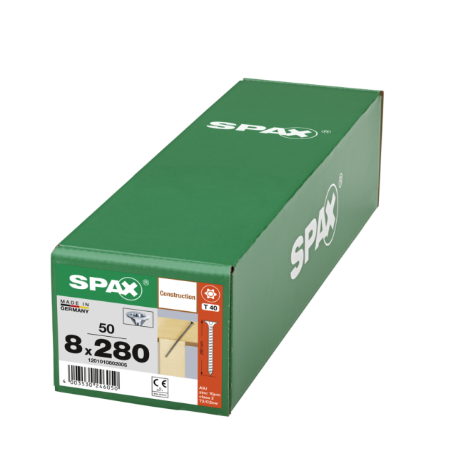  Spax - Senkkopf Torx 40 VG (Gewinde bis annähernd Kopf) mit MULTI-Kopf 8,0 x 280 WIROX® - 50 Stück 