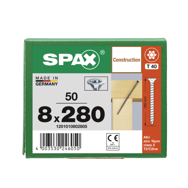  Spax - Senkkopf Torx 40 VG (Gewinde bis annähernd Kopf) mit MULTI-Kopf 8,0 x 280 WIROX® - 50 Stück 