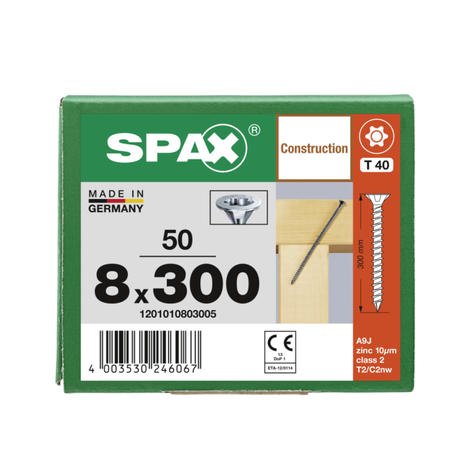  Spax - Senkkopf Torx 40 VG (Gewinde bis annähernd Kopf) mit MULTI-Kopf 8,0 x 300 WIROX® - 50 Stück 