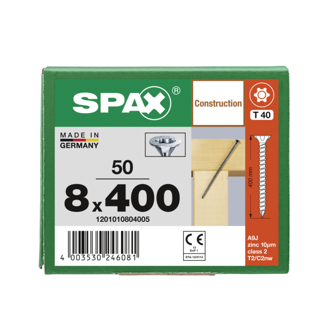  Spax - Senkkopf Torx 40 VG (Gewinde bis annähernd Kopf) mit MULTI-Kopf 8,0 x 400 WIROX® - 50 Stück 