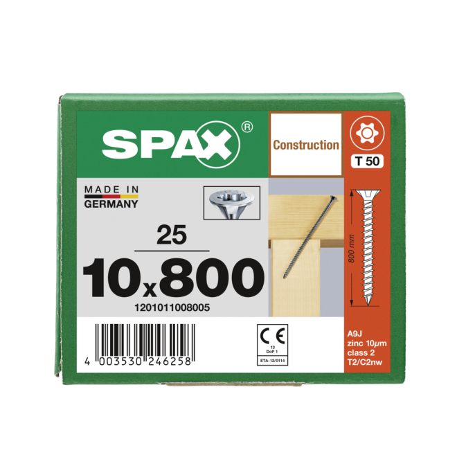  Spax - Senkkopf Torx 50 VG (Gewinde bis annähernd Kopf) mit MULTI-Kopf 10,0 x 800 WIROX® - 25 Stück 
