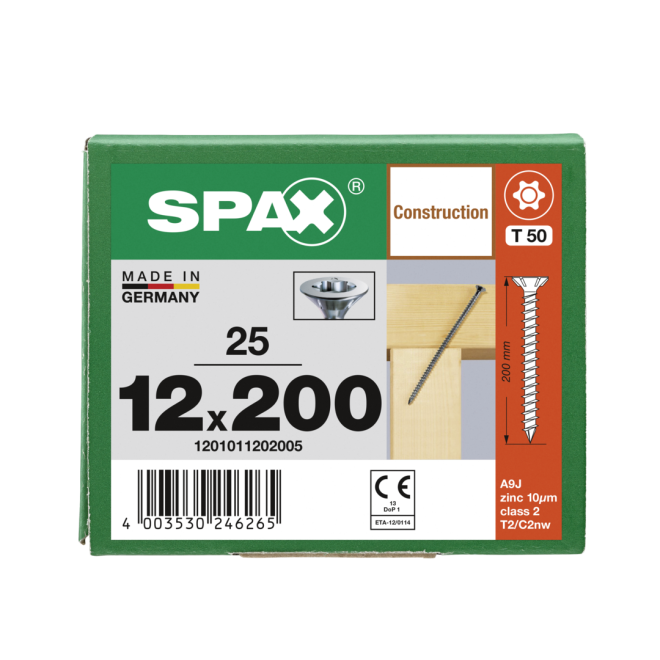  Spax - Senkkopf Torx 50 VG (Gewinde bis annähernd Kopf) mit Fräsrippen 12,0 x 200 WIROX® - 25 Stück 