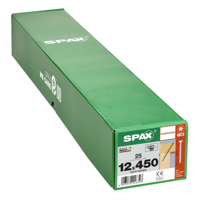  Spax - Senkkopf Torx 50 VG (Gewinde bis annähernd Kopf) mit Fräsrippen 12,0 x 450 WIROX® - 25 Stück 