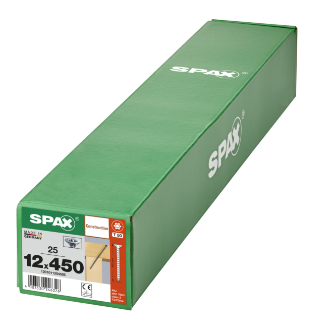  Spax - Senkkopf Torx 50 VG (Gewinde bis annähernd Kopf) mit Fräsrippen 12,0 x 450 WIROX® - 25 Stück 