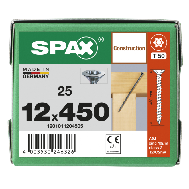  Spax - Senkkopf Torx 50 VG (Gewinde bis annähernd Kopf) mit Fräsrippen 12,0 x 450 WIROX® - 25 Stück 