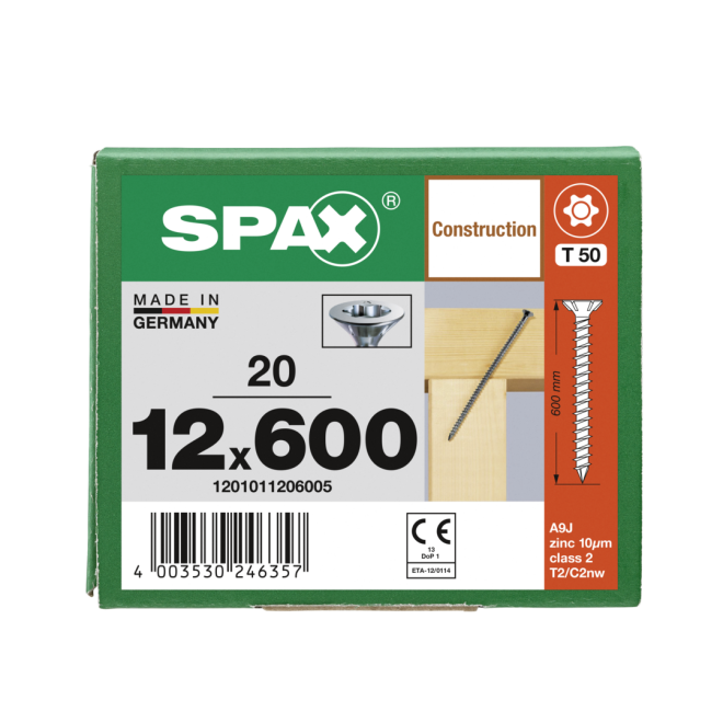  Spax - Senkkopf Torx 50 VG (Gewinde bis annähernd Kopf) mit Fräsrippen 12,0 x 600 WIROX® - 20 Stück 