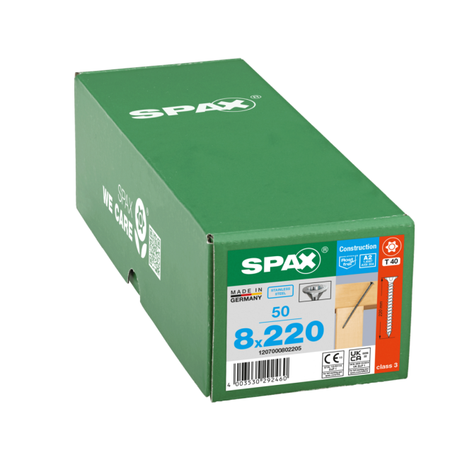 SPAX- T-STAR plus Senkkopf VG Torx 40 mit Fräsrippen & CUT-Spitze A2- 8,0x220 - 50 Stück