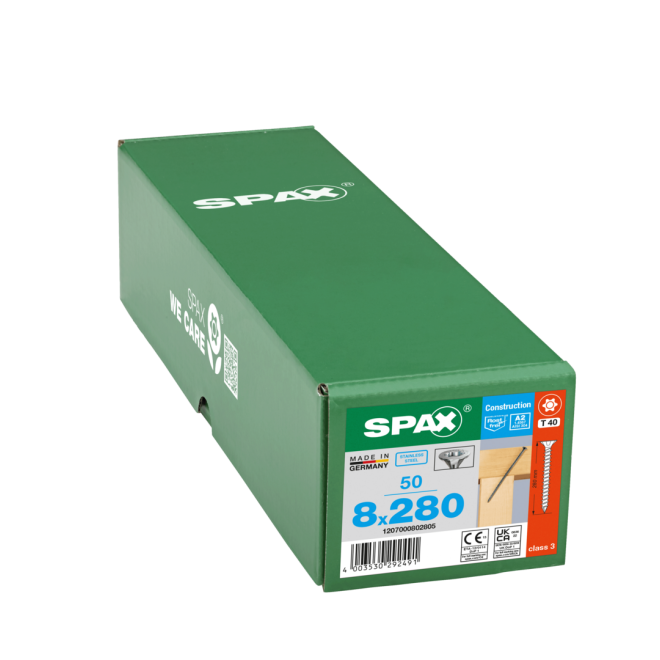 SPAX- T-STAR plus Senkkopf VG Torx 40 mit Fräsrippen & CUT-Spitze A2- 8,0x280 - 50 Stück