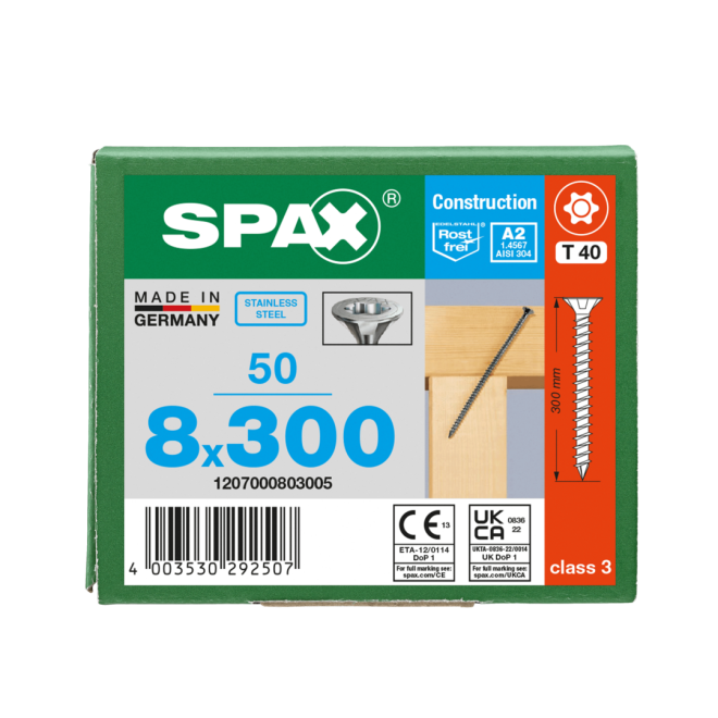 SPAX- T-STAR plus Senkkopf VG Torx 40 mit Fräsrippen & CUT-Spitze A2- 8,0x300 - 50 Stück