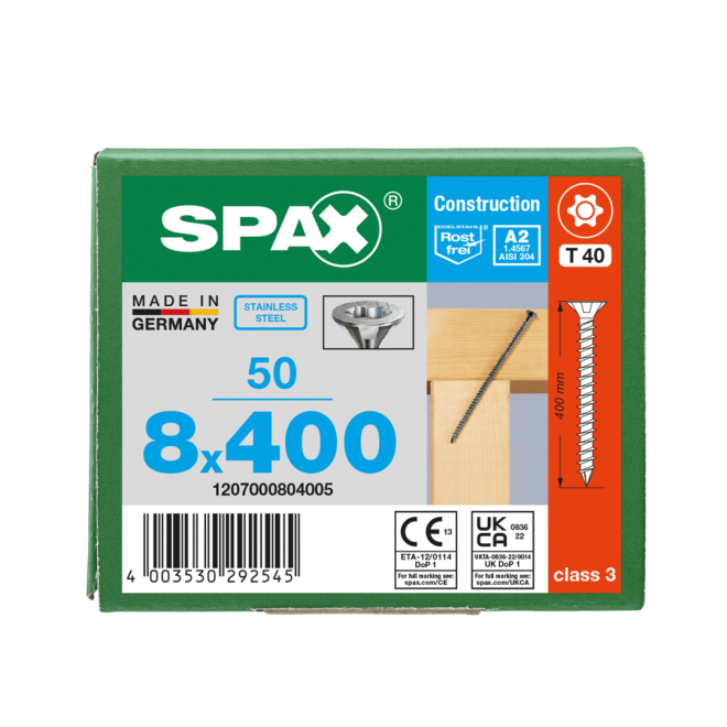 SPAX- T-STAR plus Senkkopf VG Torx 40 mit Fräsrippen & CUT-Spitze A2- 8,0x400 - 50 Stück