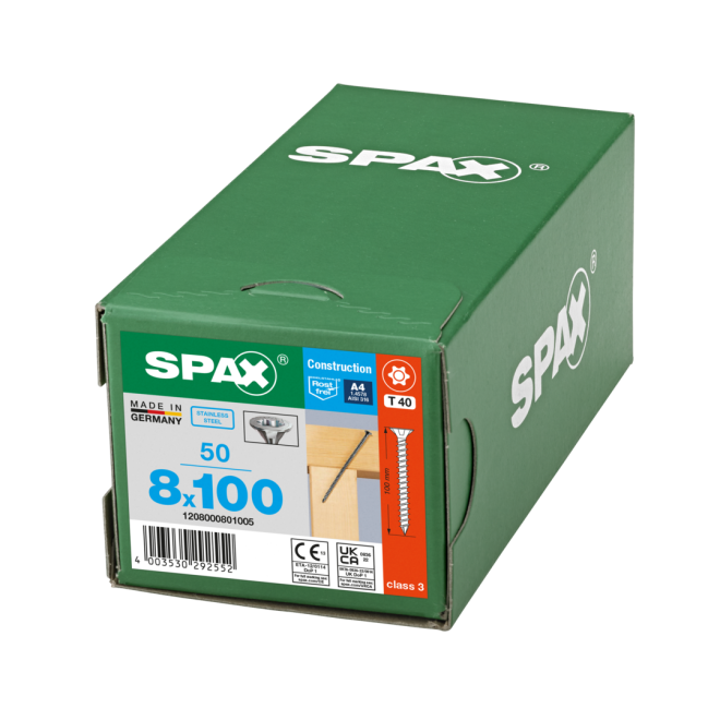 SPAX T-STAR plus Senkkopf mit CUT-Spitze und Fräsrippen Edelstahl A4 Torx 40; 8,0 x 100 (Gewinde bis annähernd Kopf.) - 50 Stück