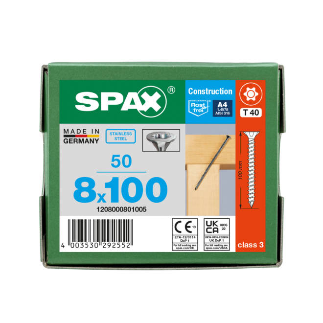 SPAX T-STAR plus Senkkopf mit CUT-Spitze und Fräsrippen Edelstahl A4 Torx 40; 8,0 x 100 (Gewinde bis annähernd Kopf.) - 50 Stück