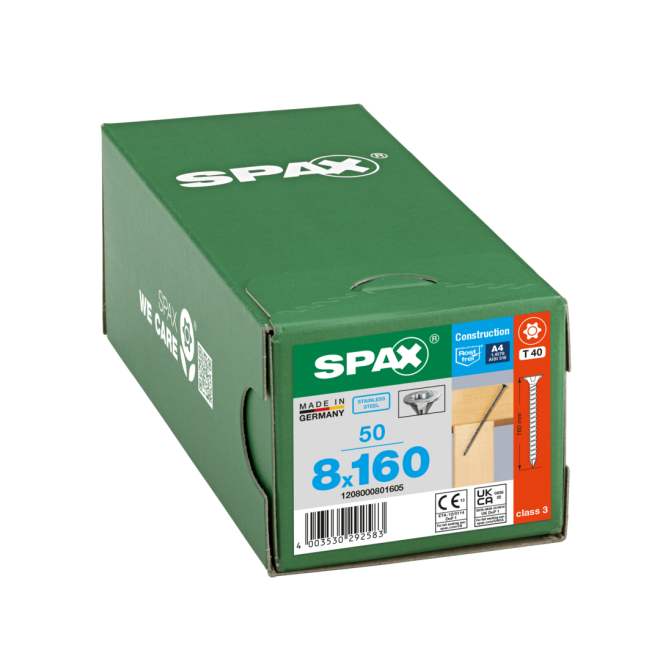 SPAX T-STAR plus Senkkopf mit CUT-Spitze und Fräsrippen Edelstahl A4 Torx 40; 8,0 x 160 (Gewinde bis annähernd Kopf.) - 50 Stück