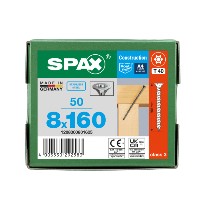 SPAX T-STAR plus Senkkopf mit CUT-Spitze und Fräsrippen Edelstahl A4 Torx 40; 8,0 x 160 (Gewinde bis annähernd Kopf.) - 50 Stück