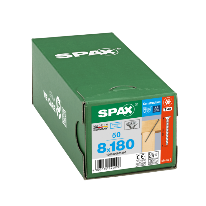 SPAX T-STAR plus Senkkopf mit CUT-Spitze und Fräsrippen Edelstahl A4 Torx 40; 8,0 x 180 (Gewinde bis annähernd Kopf.) - 50 Stück