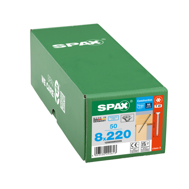 SPAX T-STAR plus Senkkopf mit CUT-Spitze und Fräsrippen Edelstahl A4 Torx 40; 8,0 x 220 (Gewinde bis annähernd Kopf.) - 50 Stück