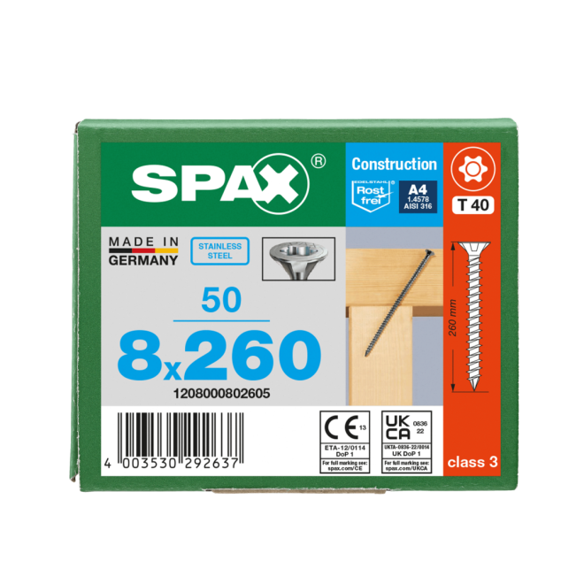 SPAX T-STAR plus Senkkopf mit CUT-Spitze und Fräsrippen Edelstahl A4 Torx 40; 8,0 x 260 (Gewinde bis annähernd Kopf.) - 50 Stück