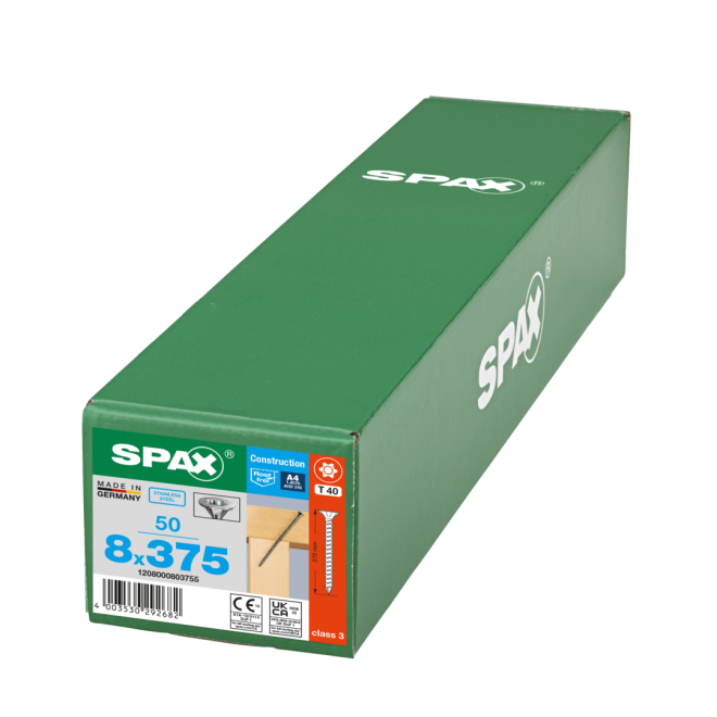 SPAX T-STAR plus Senkkopf mit CUT-Spitze und Fräsrippen Edelstahl A4 Torx 40; 8,0 x 375 (Gewinde bis annähernd Kopf.) - 50 Stück