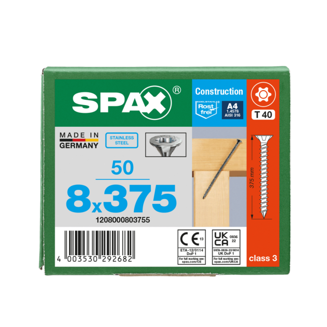 SPAX T-STAR plus Senkkopf mit CUT-Spitze und Fräsrippen Edelstahl A4 Torx 40; 8,0 x 375 (Gewinde bis annähernd Kopf.) - 50 Stück