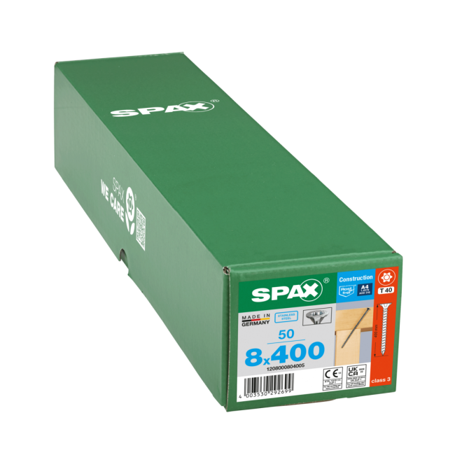 SPAX T-STAR plus Senkkopf mit CUT-Spitze und Fräsrippen Edelstahl A4 Torx 40; 8,0 x 400 (Gewinde bis annähernd Kopf.) - 50 Stück