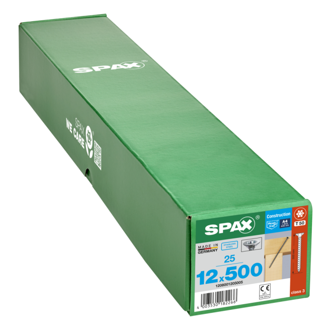 SPAX T-STAR plus Senkkopf mit CUT-Spitze und Fräsrippen Edelstahl A4 Torx 50; 12 x 500 (Gewinde bis annähernd Kopf.) - 125 Stück