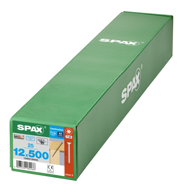 SPAX T-STAR plus Senkkopf mit CUT-Spitze und Fräsrippen Edelstahl A4 Torx 50; 12 x 500 (Gewinde bis annähernd Kopf.) - 125 Stück