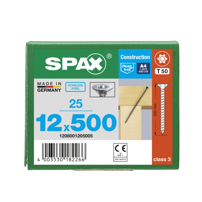 SPAX T-STAR plus Senkkopf mit CUT-Spitze und Fräsrippen Edelstahl A4 Torx 50; 12 x 500 (Gewinde bis annähernd Kopf.) - 125 Stück