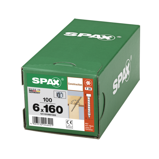 SPAX T-Star plus Zylinderkof 4CUT WIROX® Torx 30; 6,0x160 (Gewinde bis annähernd Kopf) - 100 Stück