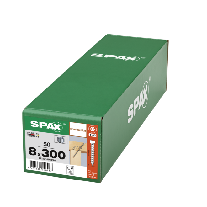SPAX T-Star plus Zylinderkof mit CUT-Spitze WIROX® Torx 40; 8,0x300 (Gewinde bis annähernd Kopf) - 50 Stück