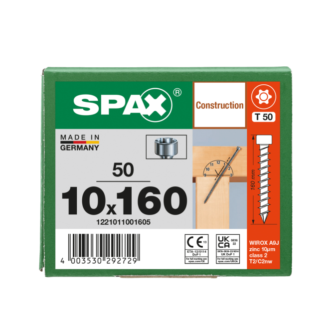 SPAX T-Star plus Zylinderkof mit CUT-Spitze WIROX® Torx 50; 10,0x160 (Gewinde bis annähernd Kopf) - 50 Stück