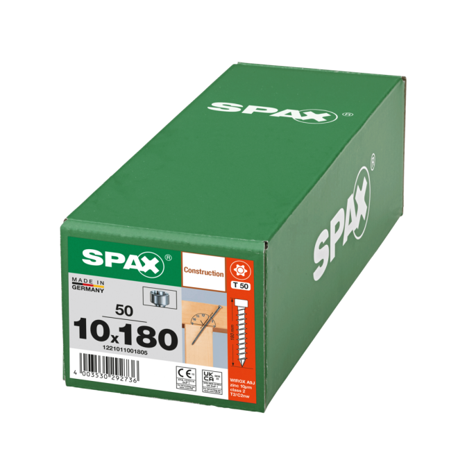 SPAX T-Star plus Zylinderkof mit CUT-Spitze WIROX® Torx 50; 10,0x180 (Gewinde bis annähernd Kopf) - 50 Stück